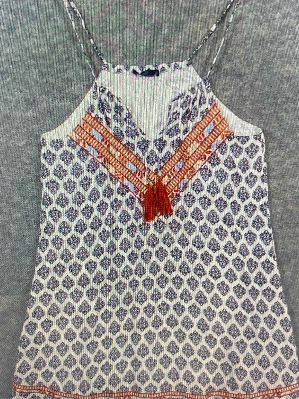 THML White Printed Halter Tank with Orange Tassel Trim
